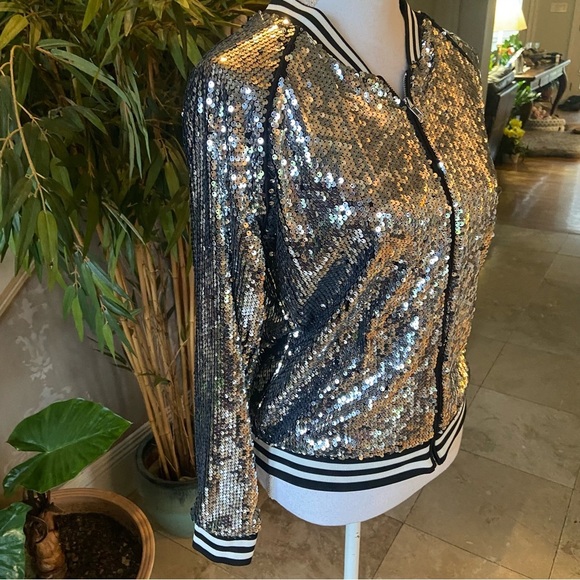 Shinevan Hi Party Sequin Bomber Jacket Silver and Black Full Zip Party Fun - Picture 3 of 6